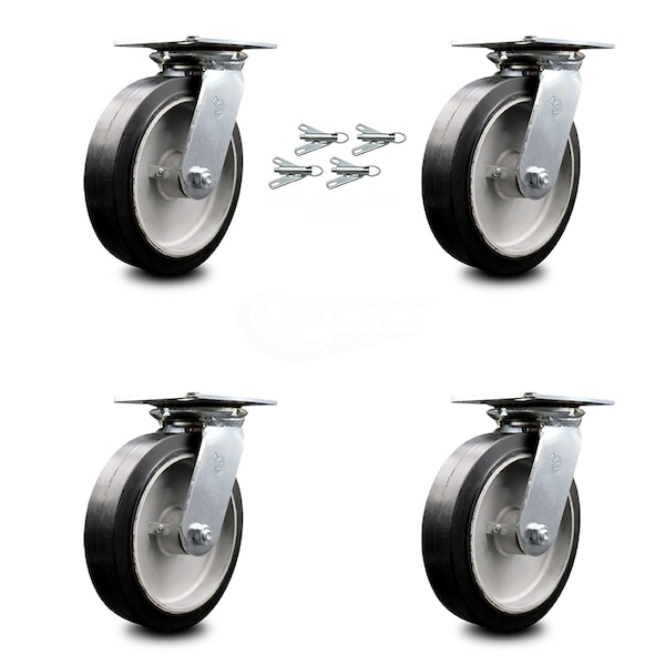8 Inch Rubber on Aluminum Caster Set with Ball Bearings and Swivel Locks SCC